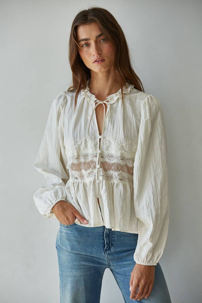 By Together - Woven Polyester Nylon Sheer Lace Detail Blouse