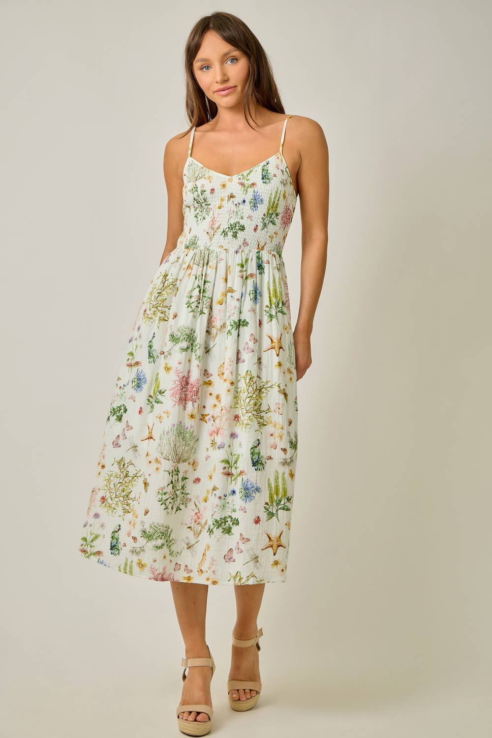 Mystree - Printed Double Gauze Smock Dress in Ivory 2