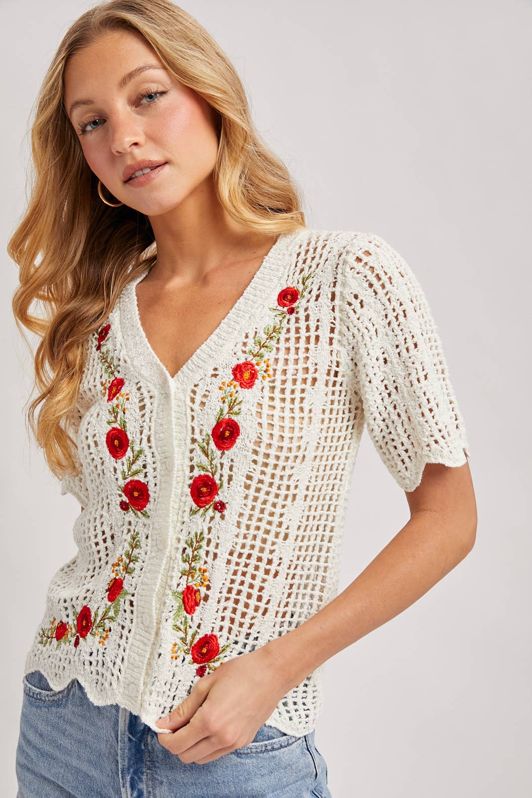 Bluivy cream floral embroidered button down knit top
