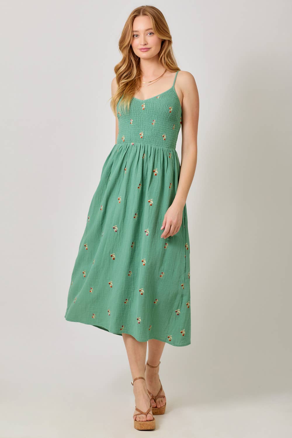 Mystree - Embroidered Double Gauze Smocked Dress in Emerald 1