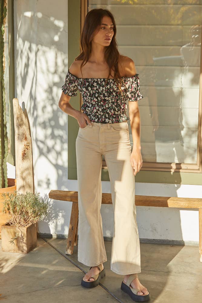 By Together - Woven Cotton Floral Print Smocked Crop Top