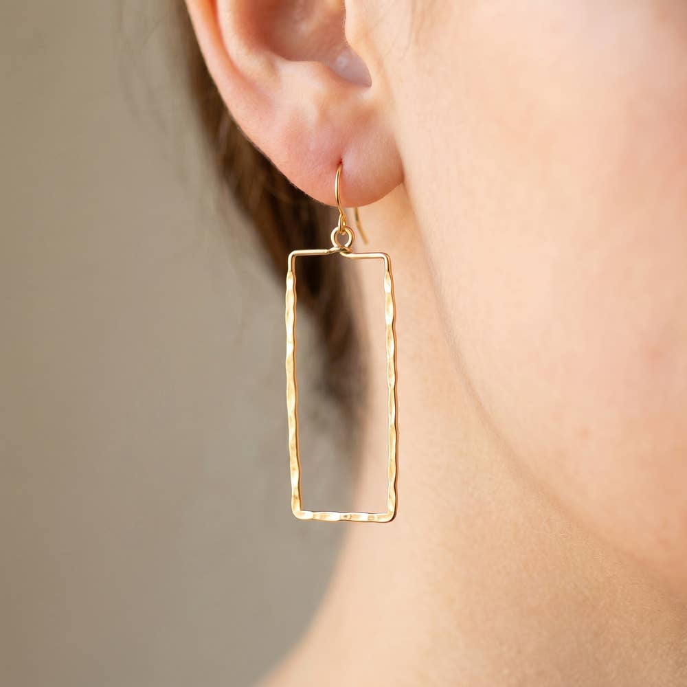 Gold Dipped Hammered Rectangle Cutout Drop Earrings
