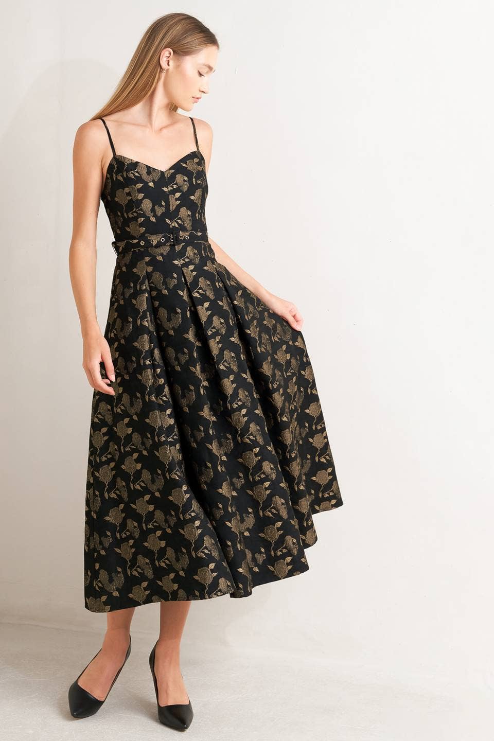 Jacquard Woven Midi Dress Black/Brown 1