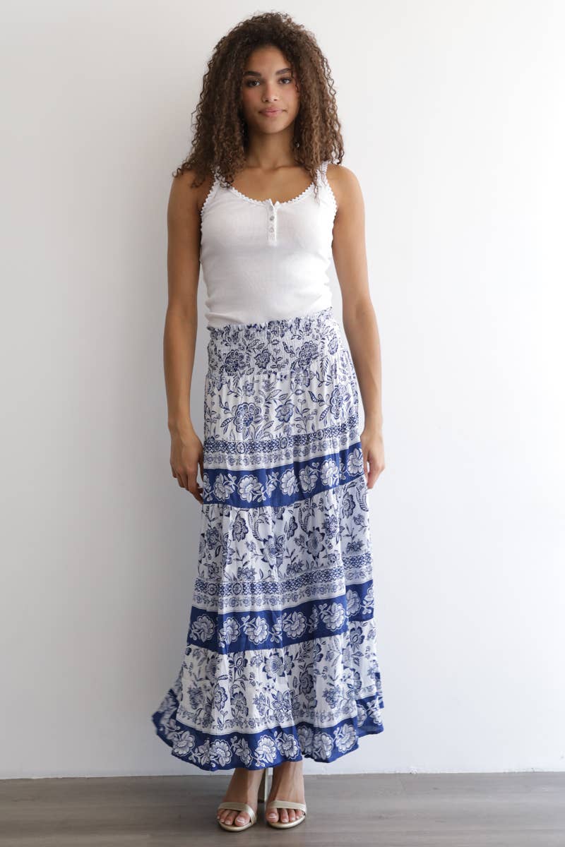 Angie Printed A-Line Tiered Maxi Skirt with Smocked Waist in Ivory-Blue 1
