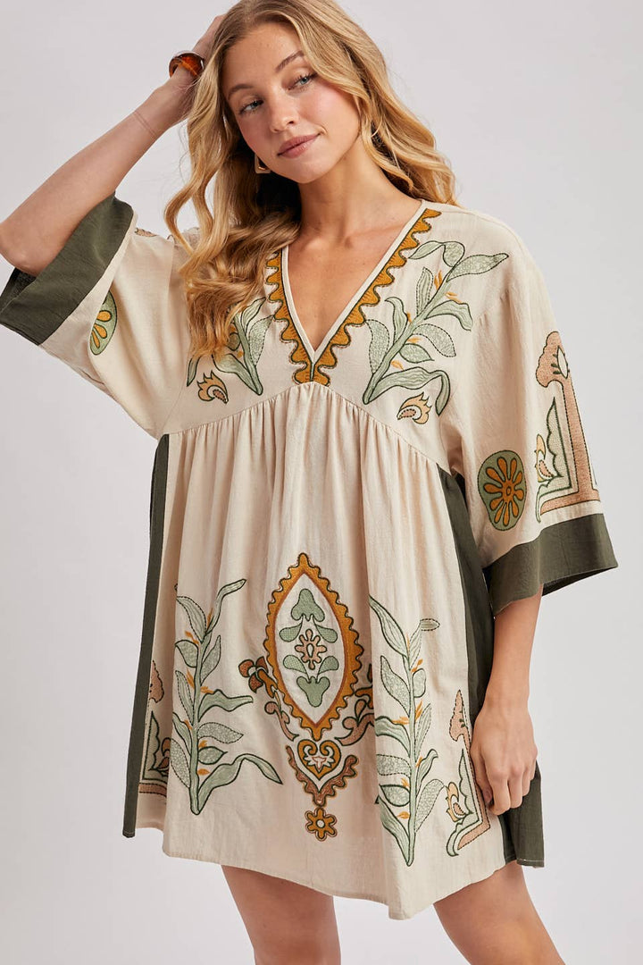 Bluivy Boho Embroidered Babydoll Dress - Sage