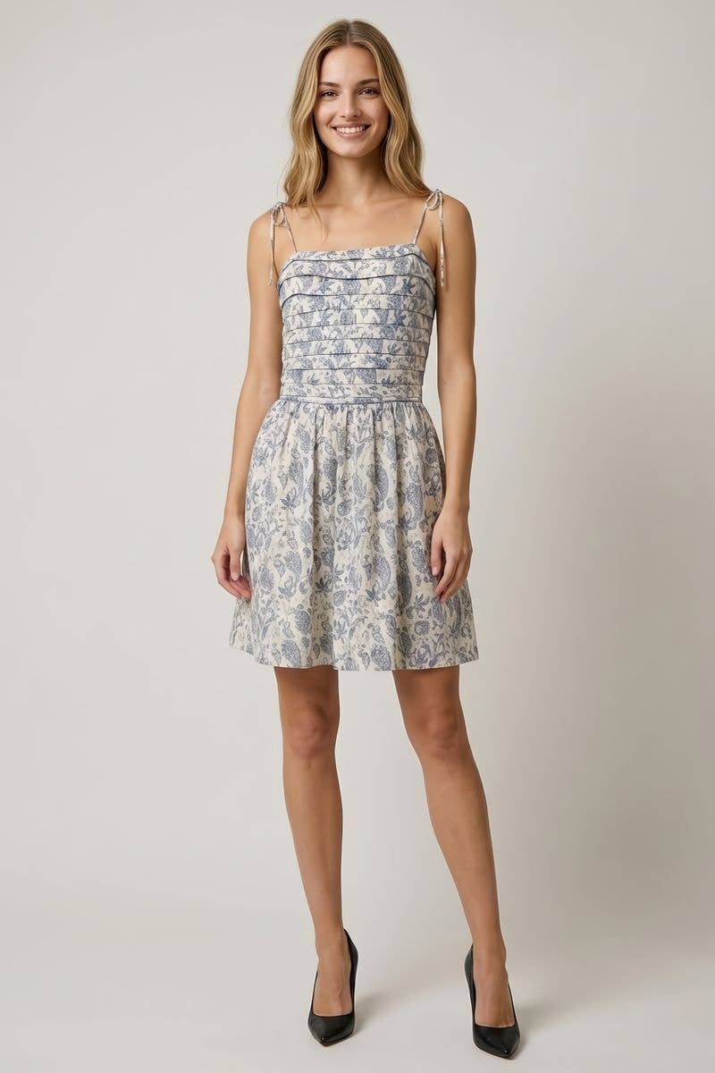 Doe and Rae Pleated Torso Fit and Flare Mini Dress in Ivory/Denim front