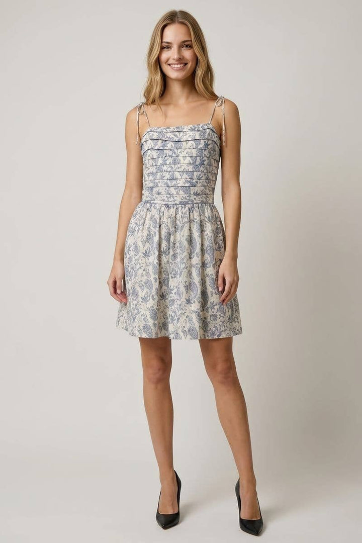 Doe and Rae Pleated Torso Fit and Flare Mini Dress in Ivory/Denim front