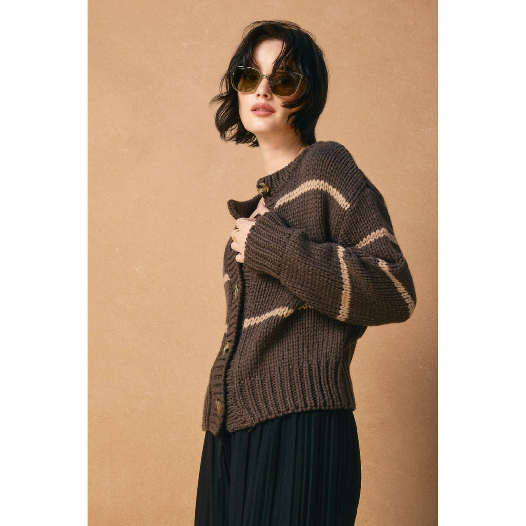 Dress Forum - Fluffy Striped Button Down Cardigan Cacao Bean/Taupe 1