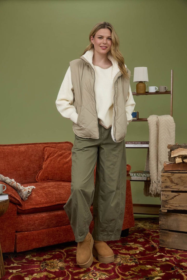 Quilted Fleece Lined Puffer Vest Cement  5