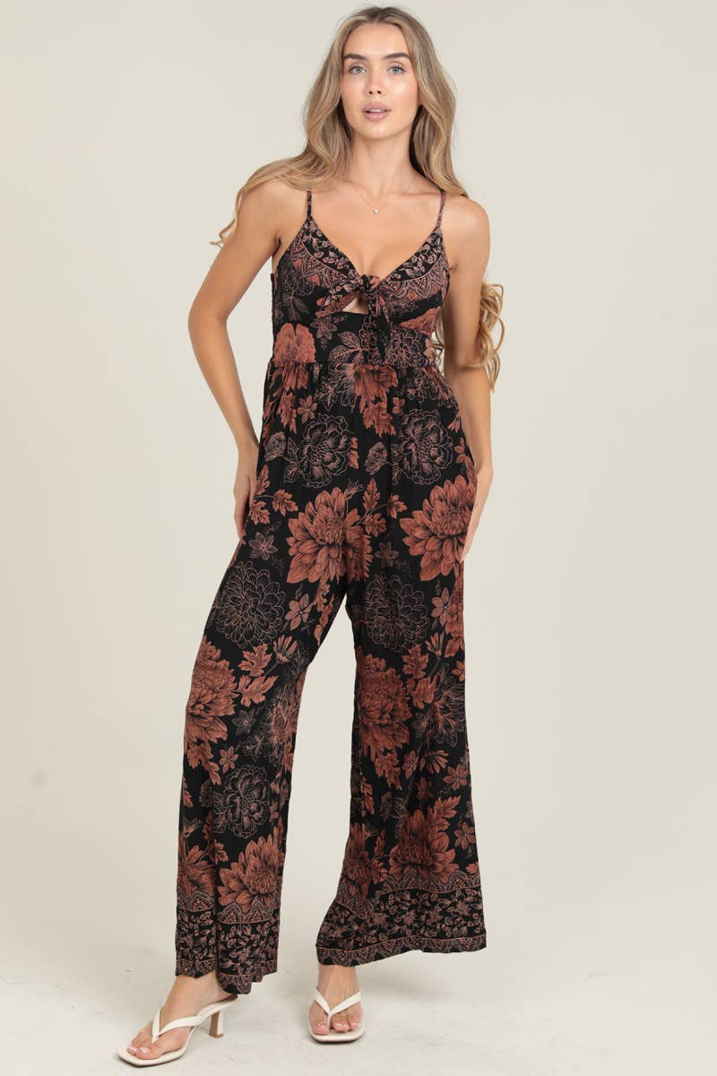 Angie Tie Bust Wide Leg Jumpsuit with Pockets in Black front