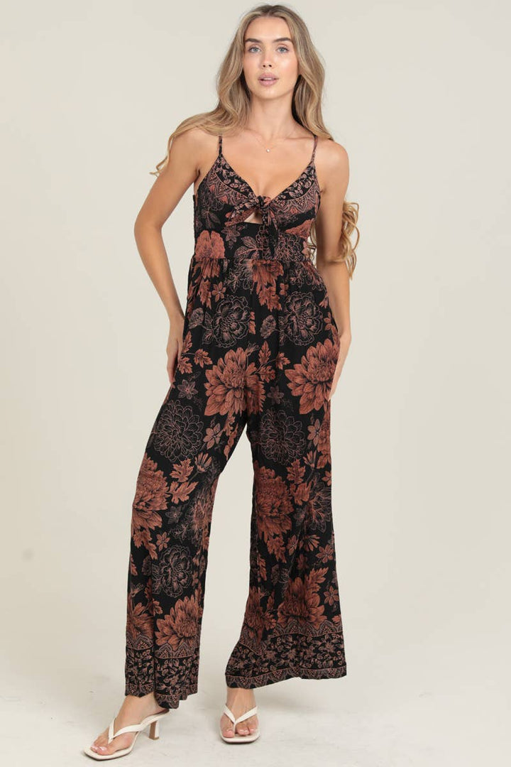 Angie Tie Bust Wide Leg Jumpsuit with Pockets in Black front