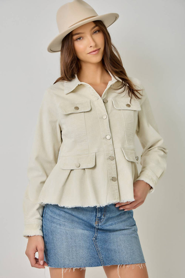 Mystree Washed Denim Peplum Jacket - Vintage Ivory 