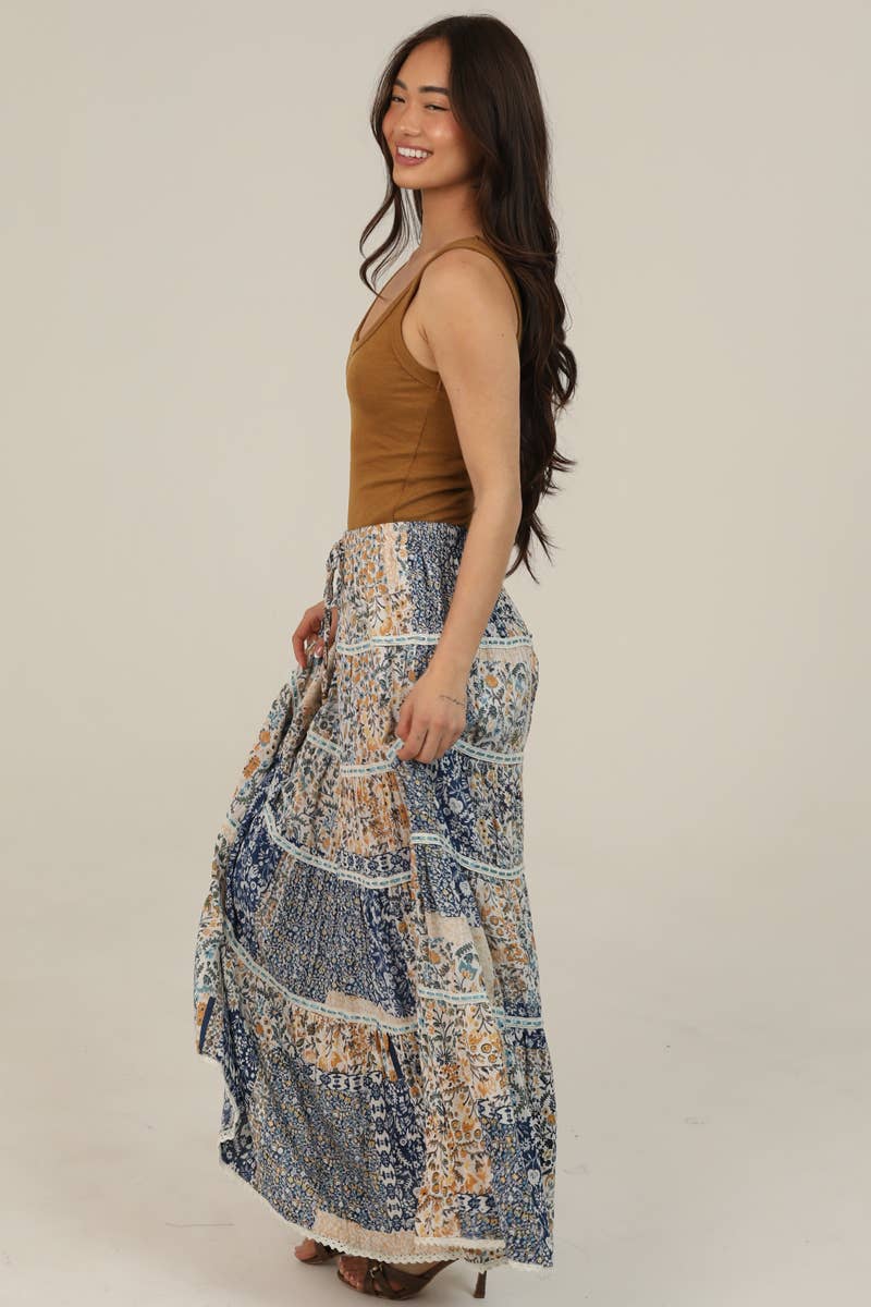 Angie Tiered A-Line Printed Maxi Skirt with Lace Trim