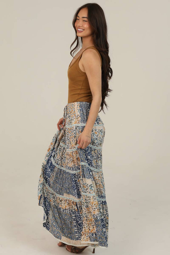 Angie Tiered A-Line Printed Maxi Skirt with Lace Trim