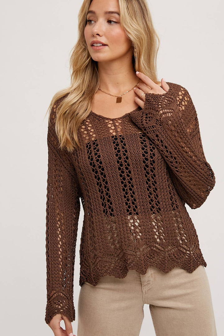 Open Knit V-Neck Pullover chocolate
