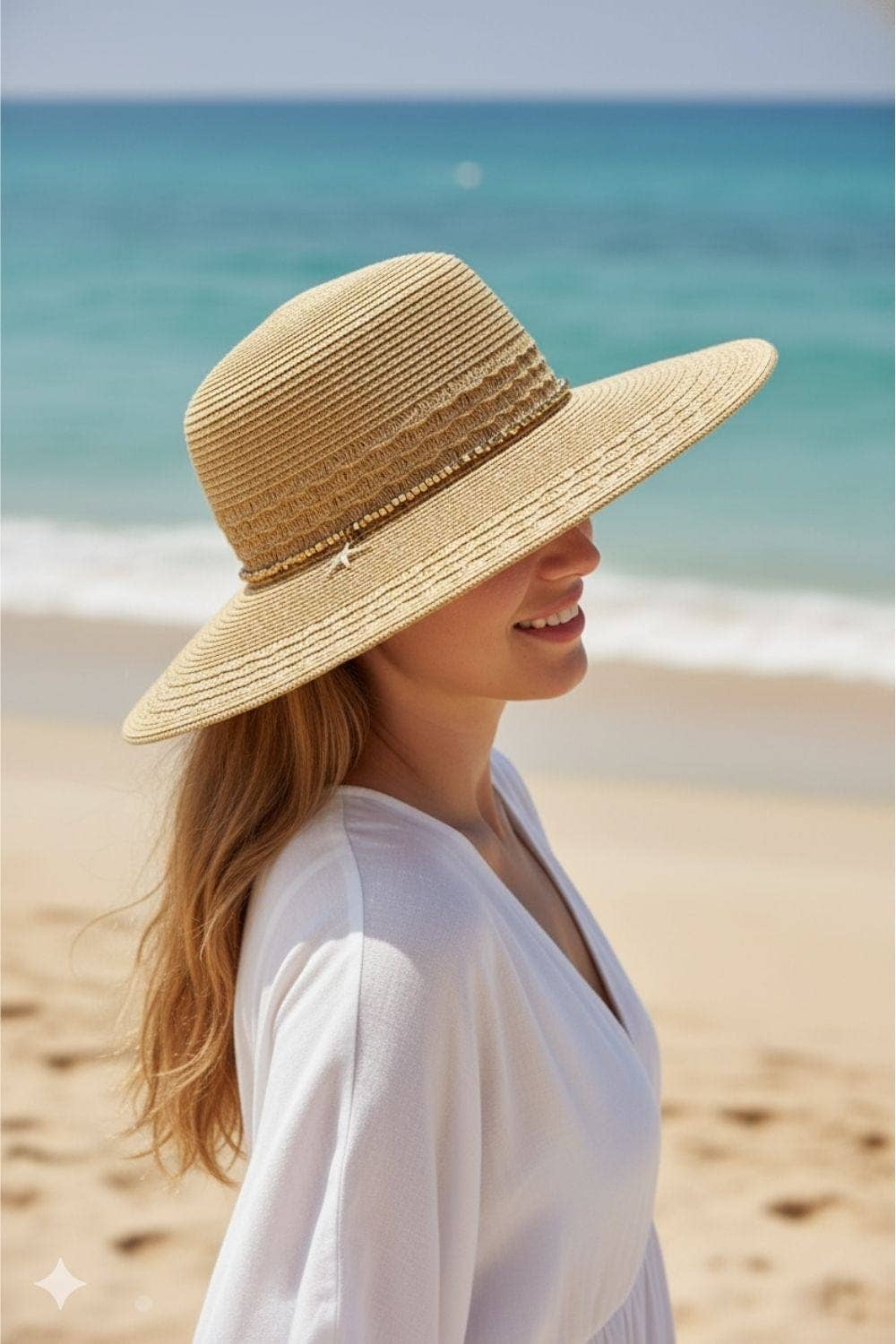 MiMi Wholesale - Wide Brim Straw Hat With Starfish Sequin Charm Band in Tan