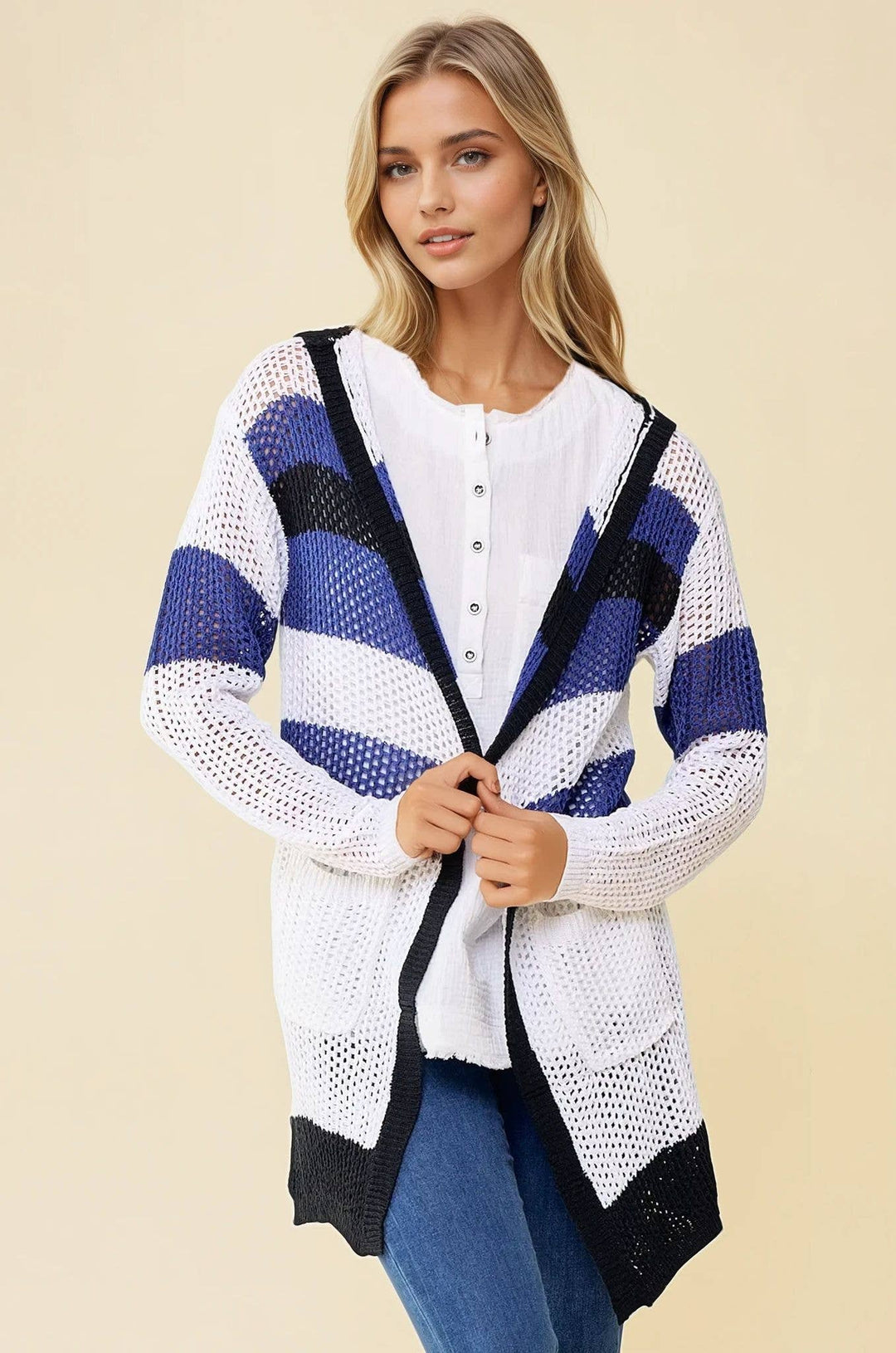 Doe and Rae Stripe Hoodie Cardigan in Navy/Black 1