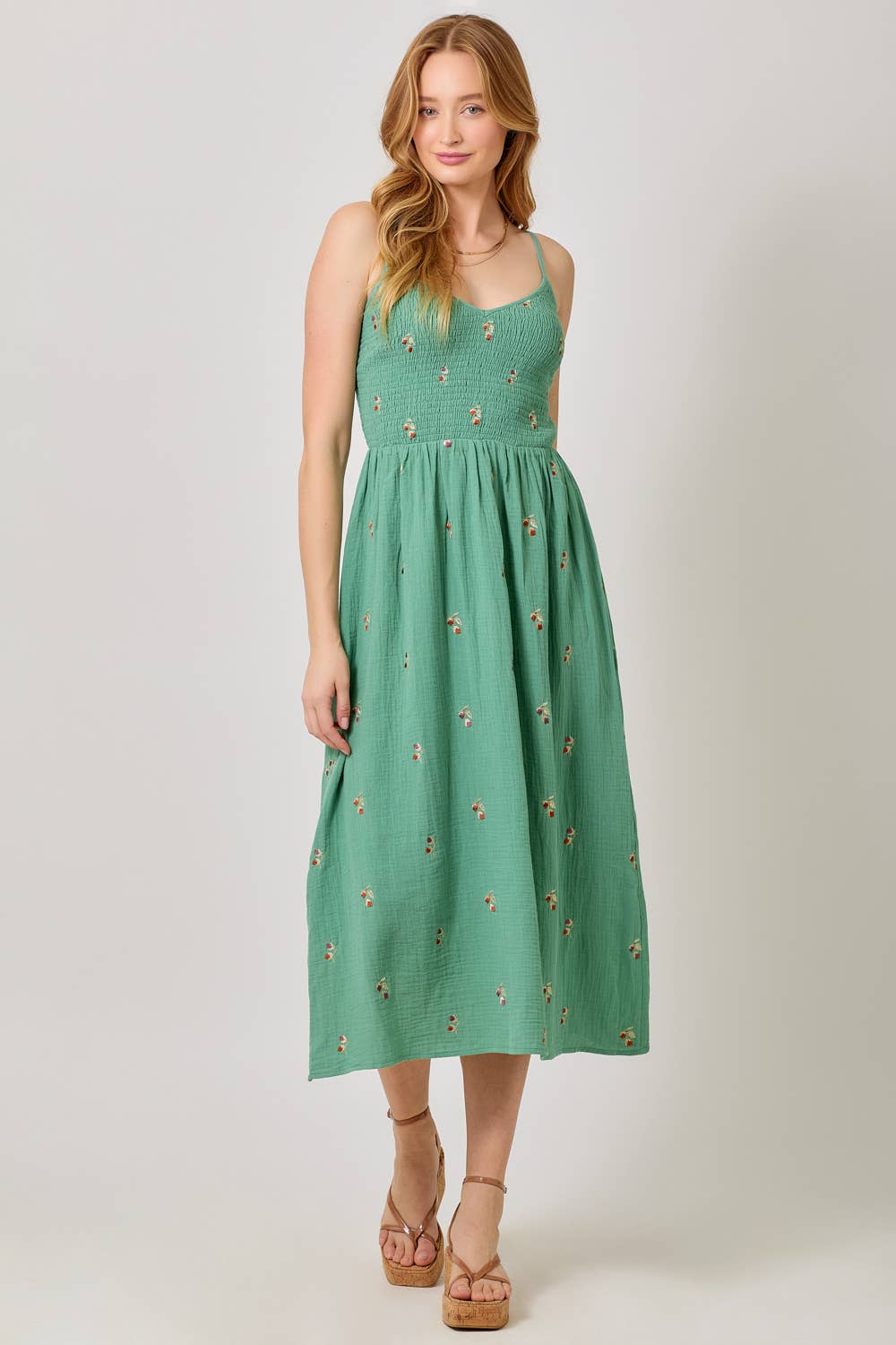 Mystree - Embroidered Double Gauze Smocked Dress in Emerald front