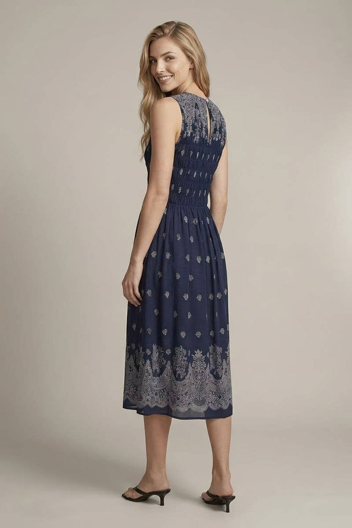 Doe and Rae Linen Blend Smocking Midi Dress in Navy ack