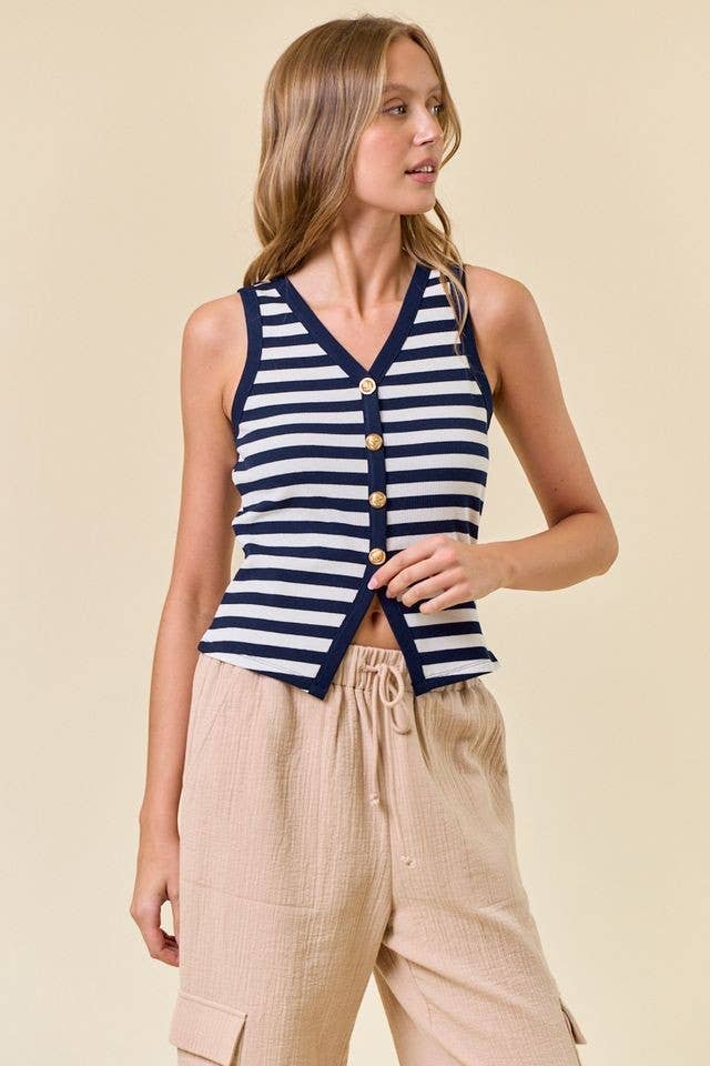 Doe and Rae Stripe Knit Button Front Tank Navy 1