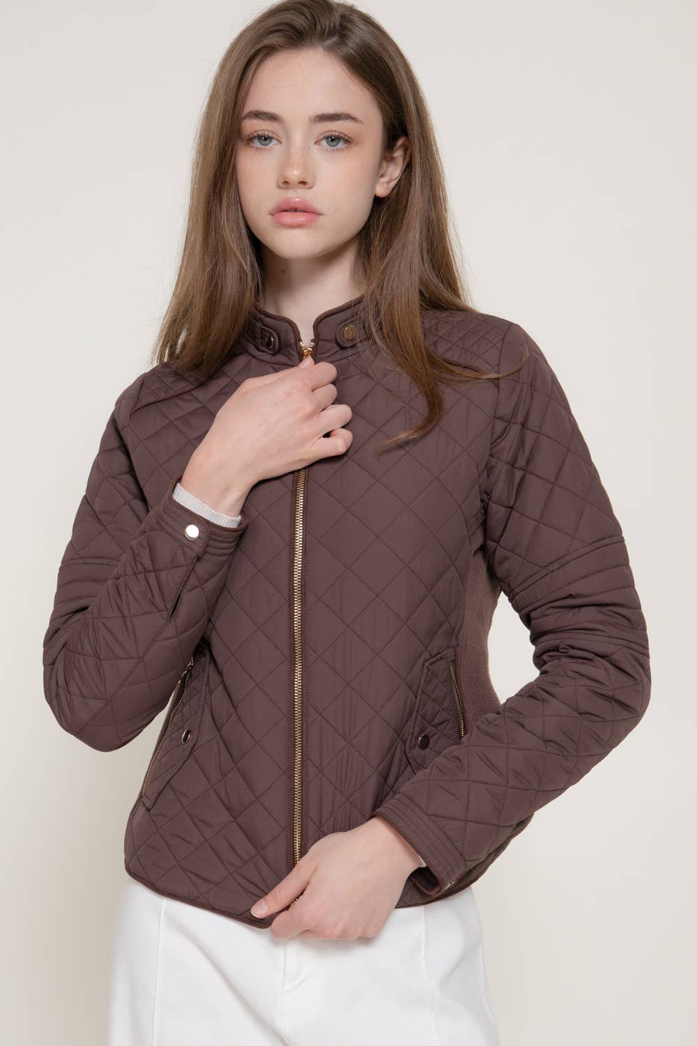 Active Basic - Suede Piping Detail Rib Quilted Padding Jacket in brn