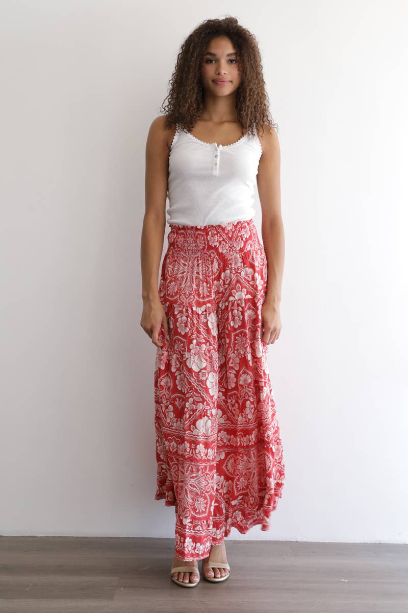 Angie Printed Tiered A-Line Maxi Skirt with Smocked Waist in Americana 2