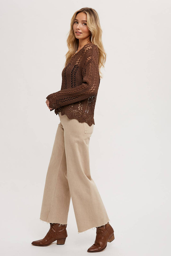 Open Knit V-Neck Pullover chocolate5