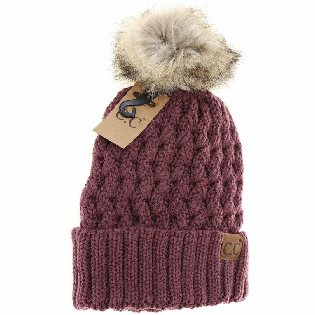 C.C Beanie Solid Lattice Fur Pom Cc Beanie Yj826