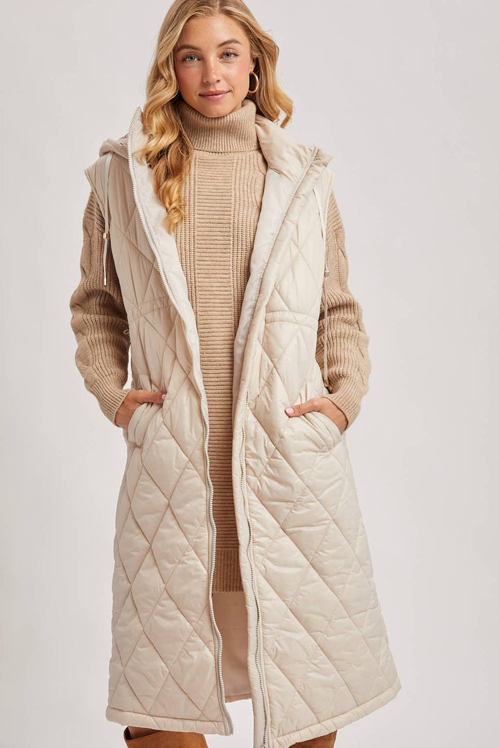 Diamond Quilt Puffer Hooded Vest beige
