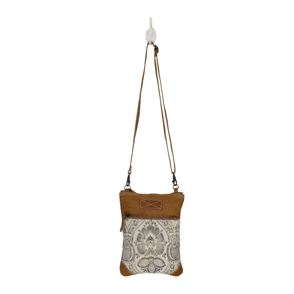 Myra Soul Searcher small canvas and leather crossbody bag - Side View with Strap Detail