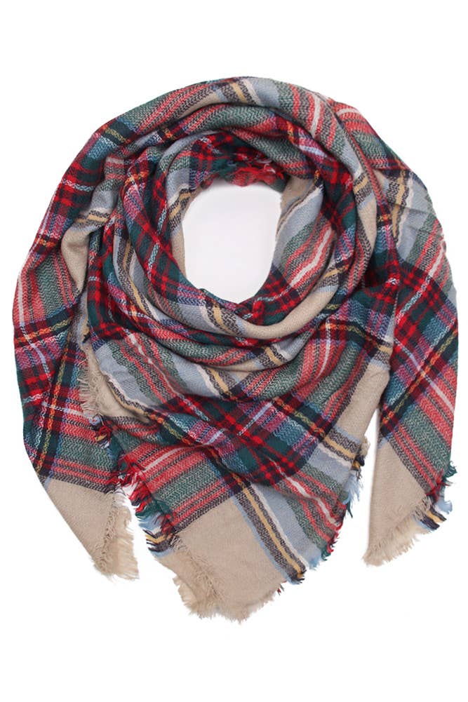 Oversize Plaid Check Pattern Winter Scarf Beige