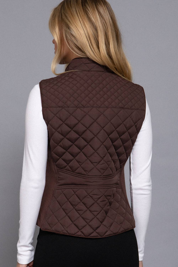 Active Basic - Suede Piping Detail Rib Quilted Padding Vest in Brown 11