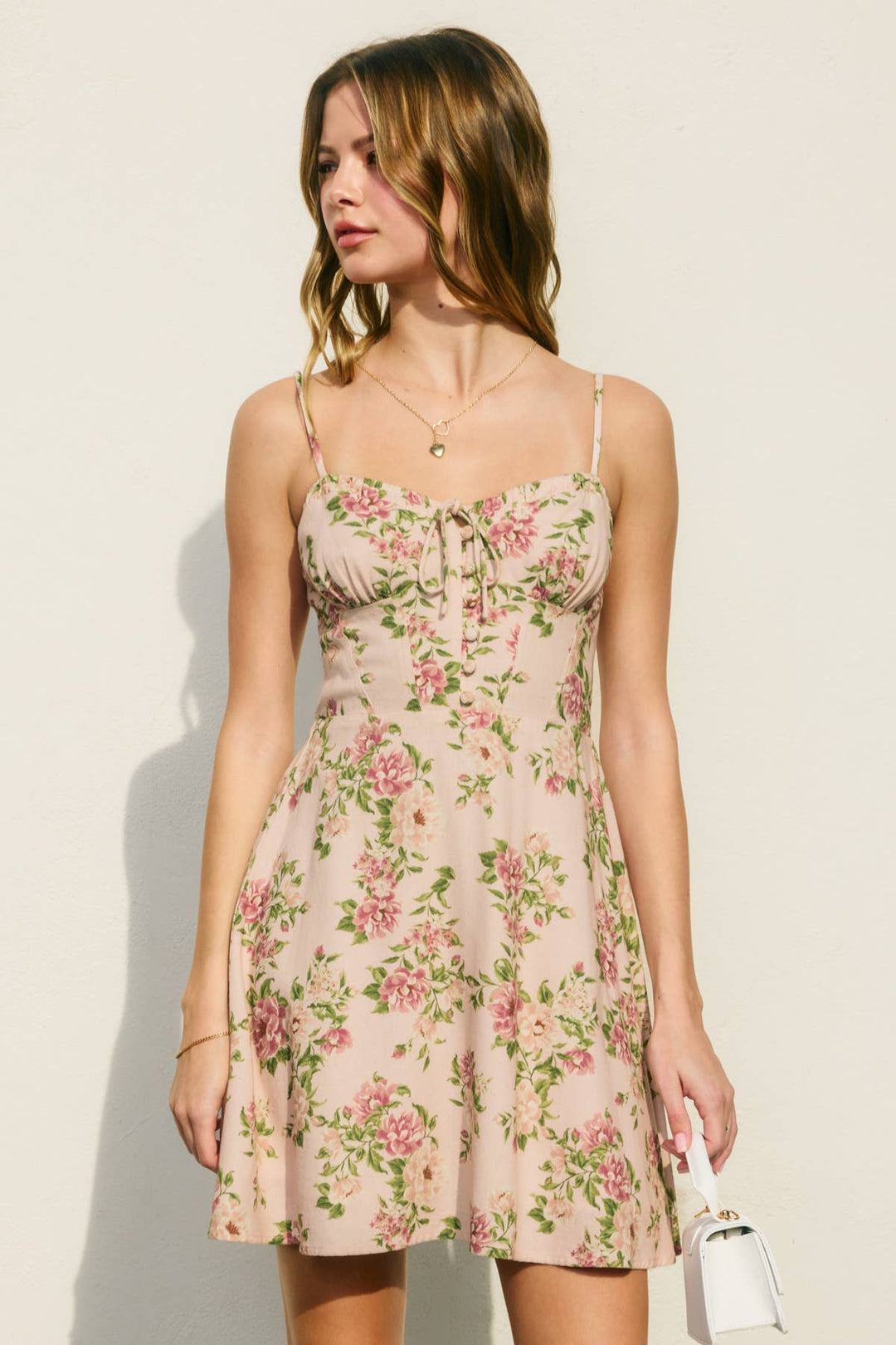 Dress Forum Rosewood Sweetheart Corset Mini Dress in Dreaming Floral - front view with spaghetti straps and corset bodice