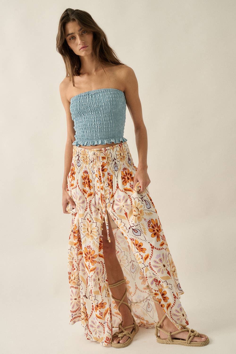 Promesa USA - Multicolor Ornate Floral-Print Button-Front Maxi Skirt in Cream-Sand