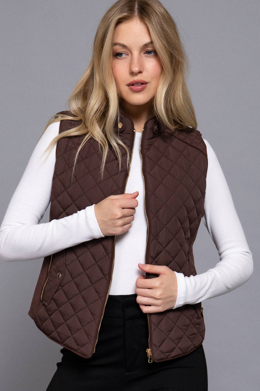 Active Basic - Suede Piping Detail Rib Quilted Padding Vest in Brown 1