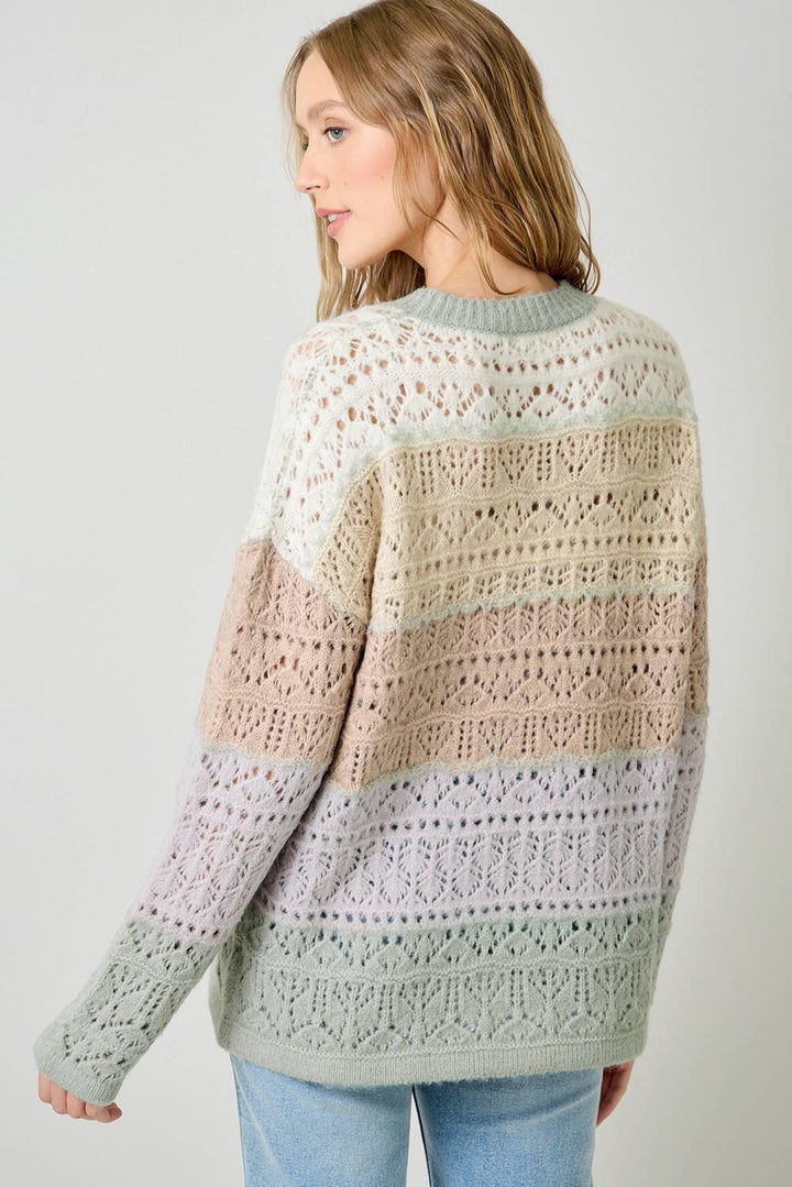 Mystree Color-Block Pointelle Sweater - Ivory Oatmeal back
