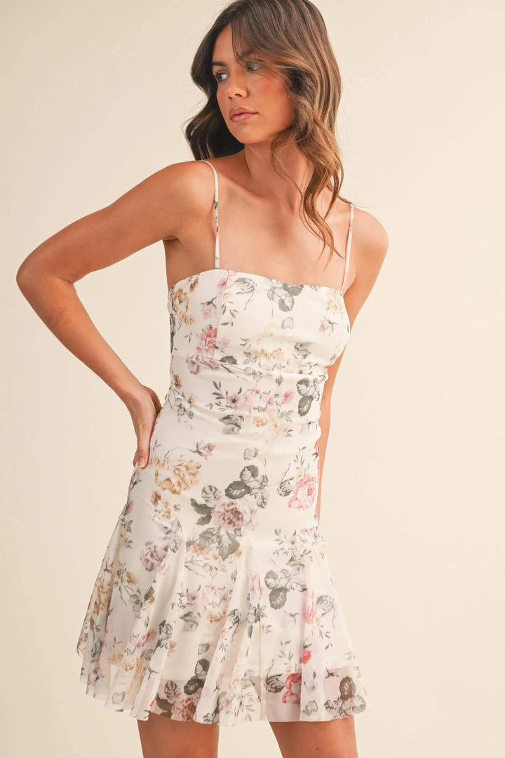 Klesis - Floral Godet Flare Mini Dress Cream 1