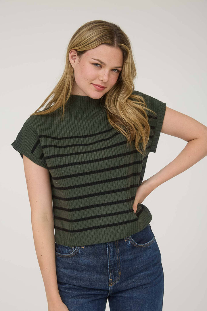 Stripe Mock Neck Short Sleeve Knit Sweater green6