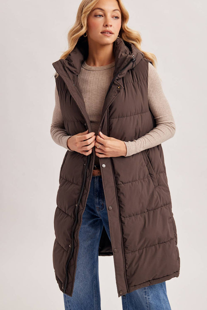 Bluivy Detachable Hood Longline Quilted Puffer Vest in Ash Brown 4