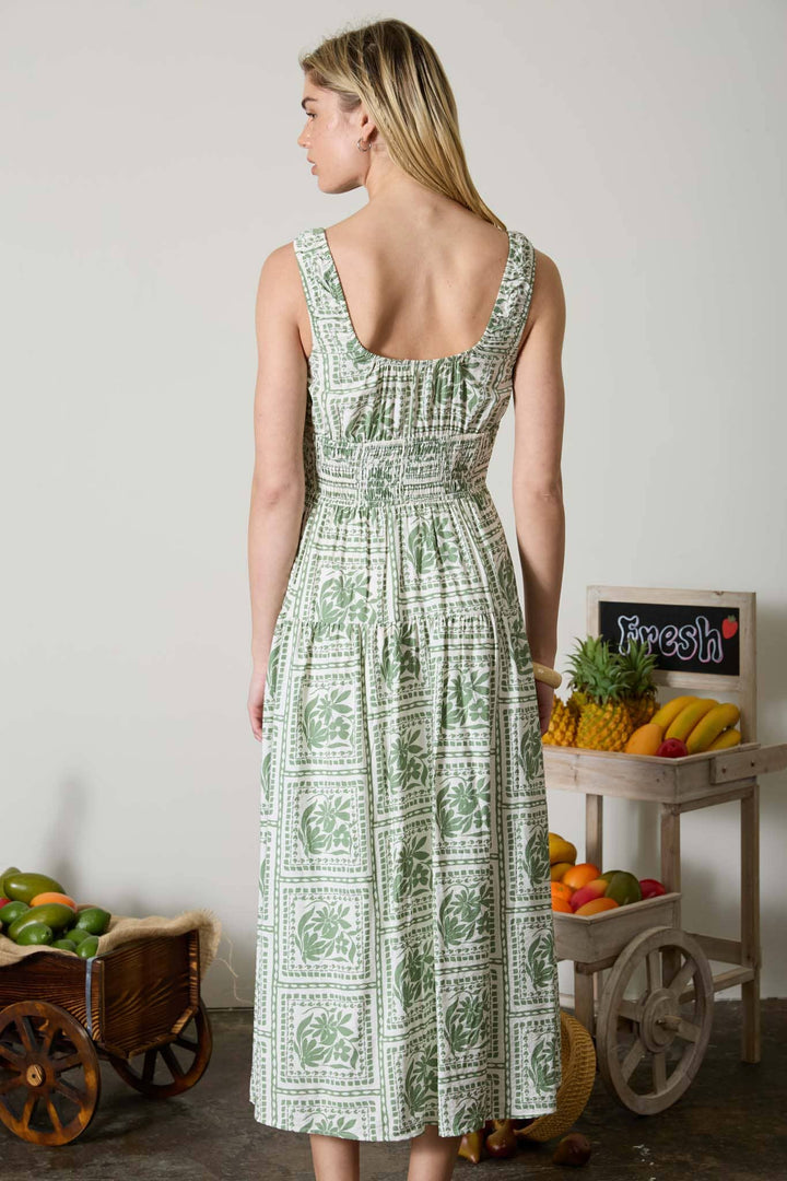 Blu Pepper - Floral Tile Print Sleeveless Smocked Midi Dress in Olive 1