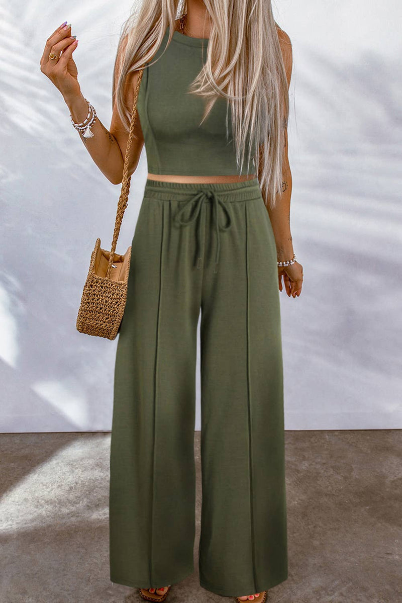 Solid Sleeveless Crop Top and Wide Leg Pants