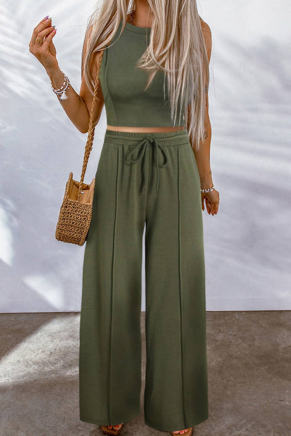 Solid Sleeveless Crop Top and Wide Leg Pants