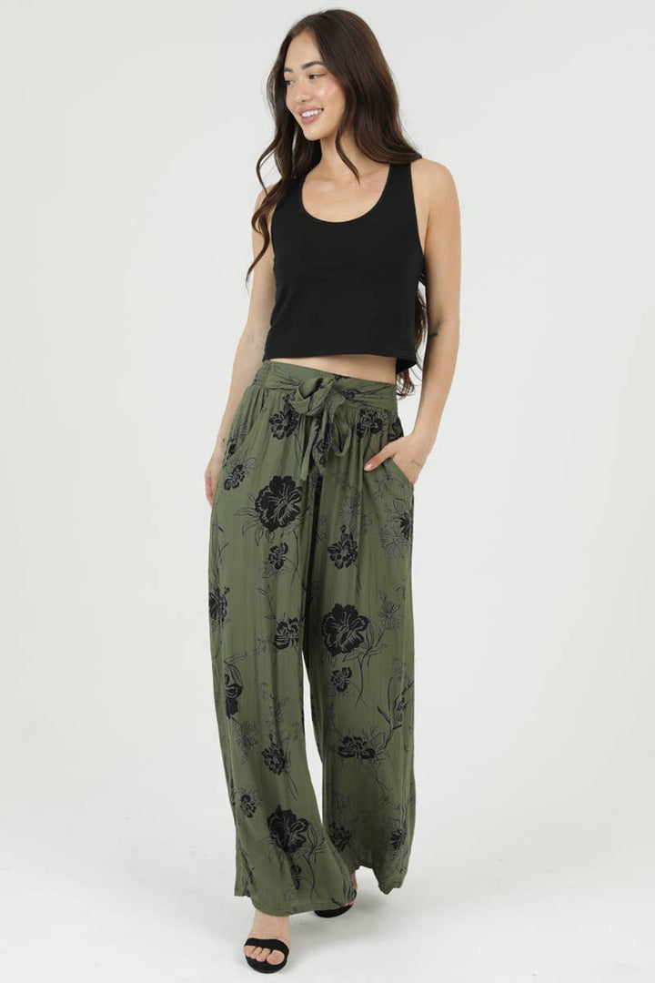  Angie Tie Waist Wide Leg Printed Pants in Olive 1