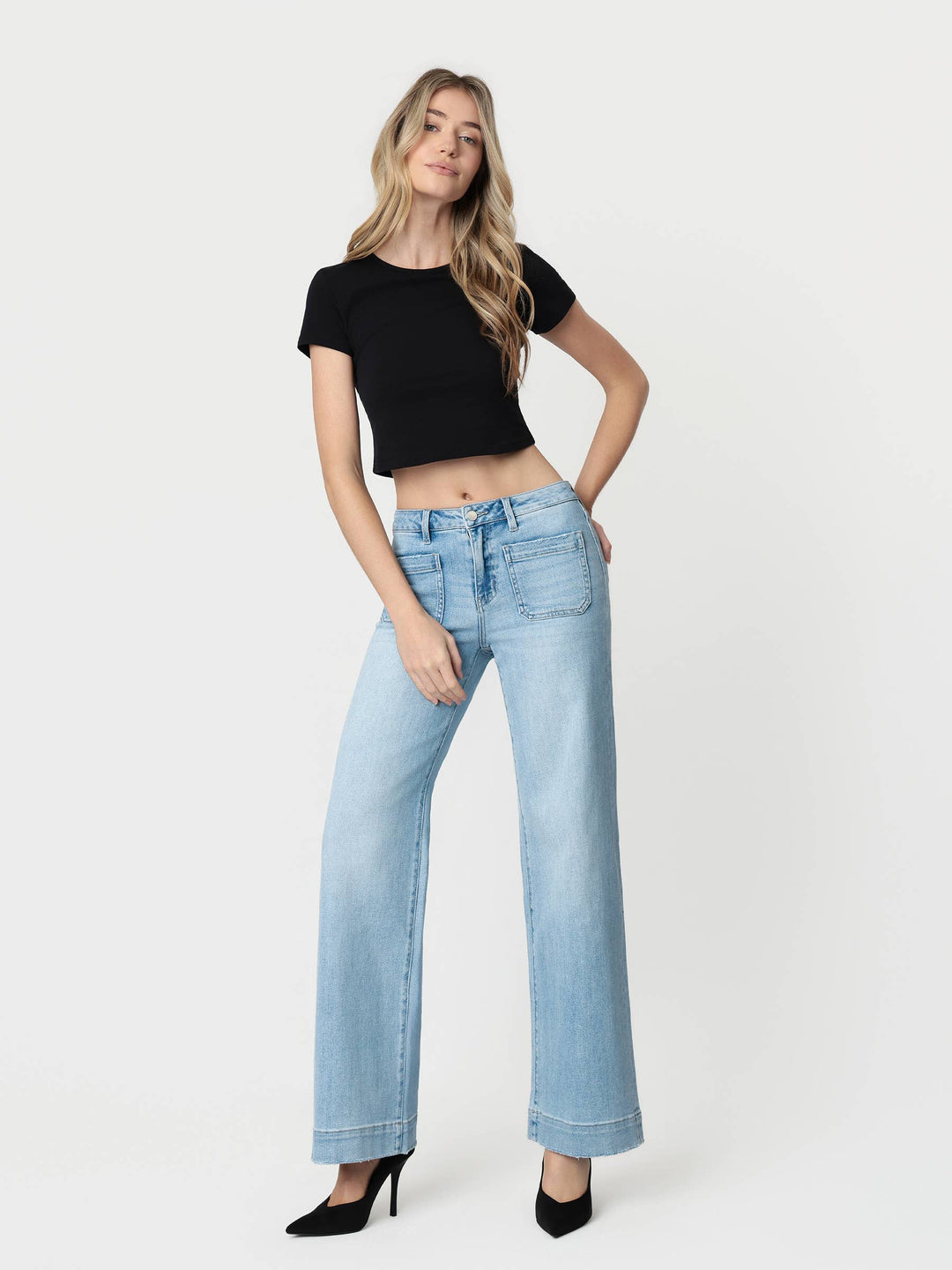 Flying Monkey High Rise Light Wash Trouser Hem Wide Jeans in Dignity 6
