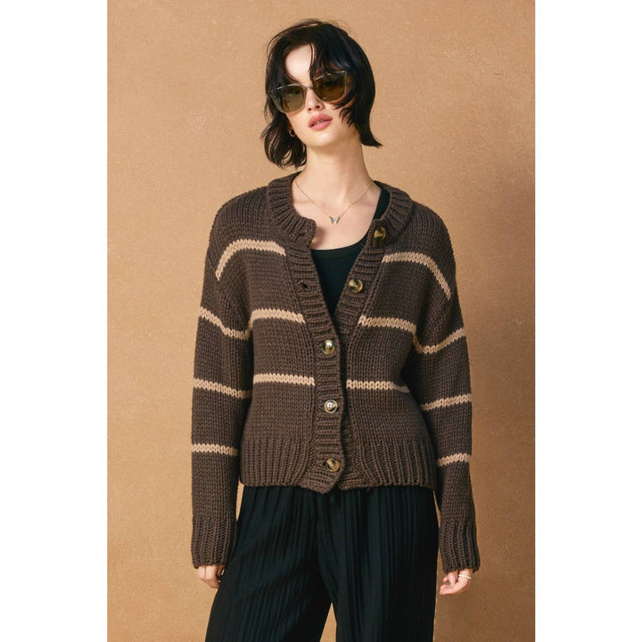 Dress Forum - Fluffy Striped Button Down Cardigan Cacao Bean/Taupe