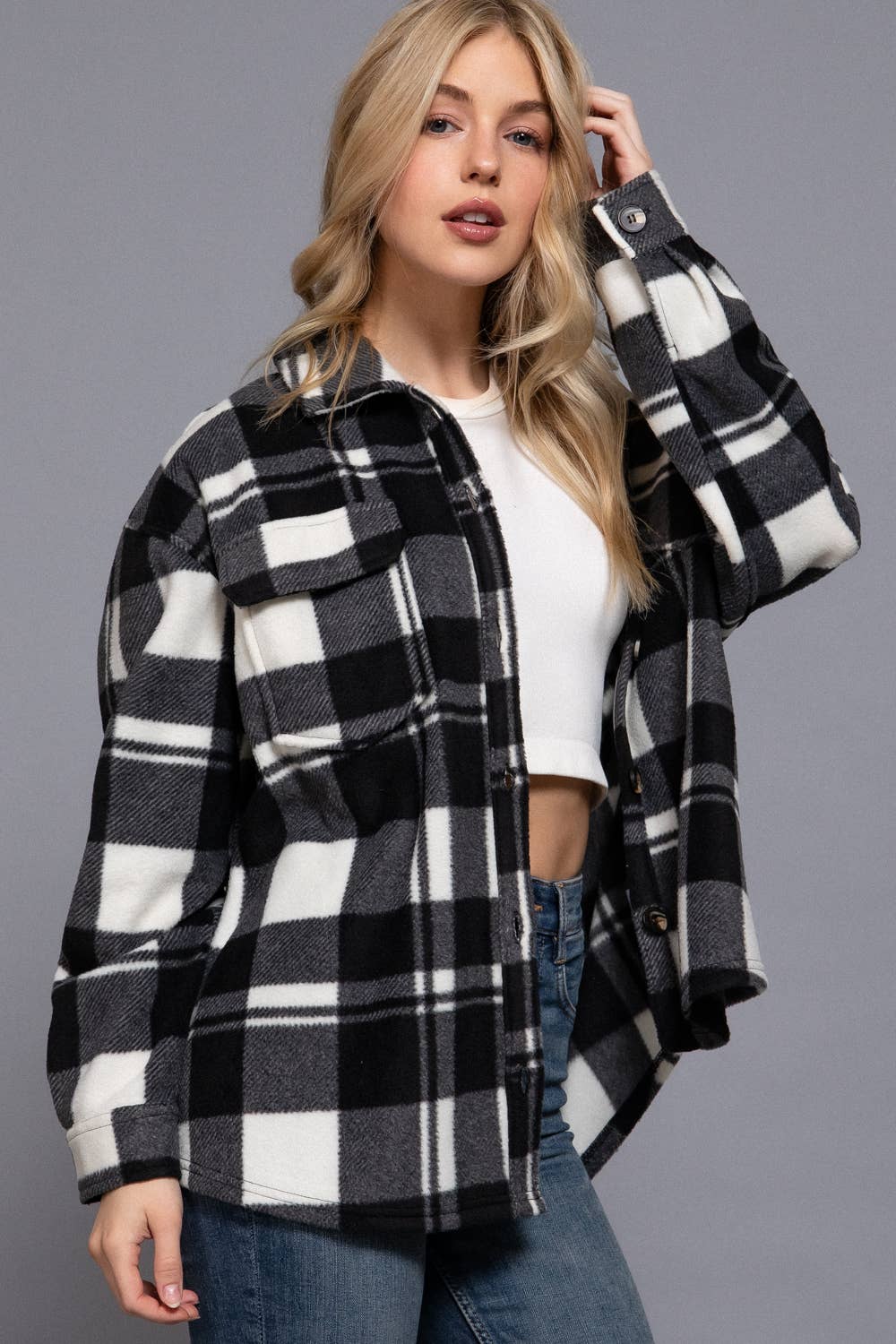 Long Sleeve Check Printed Fleece Shacket Black 2
