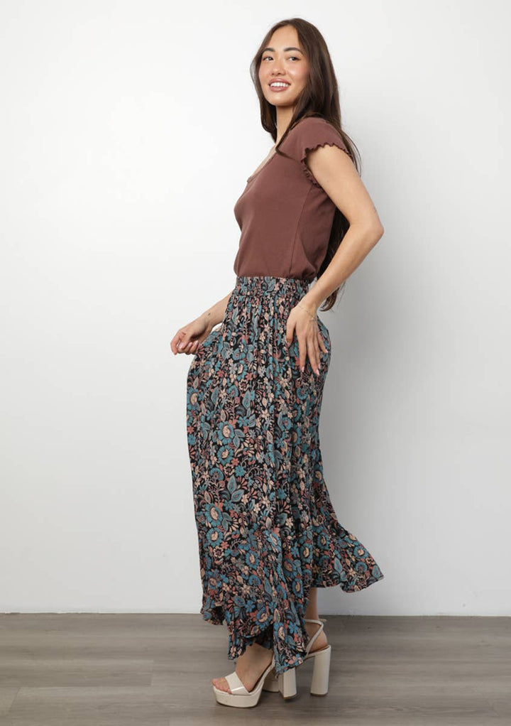 Angie Floral High Waisted Skirt with Ruffles in Black 1