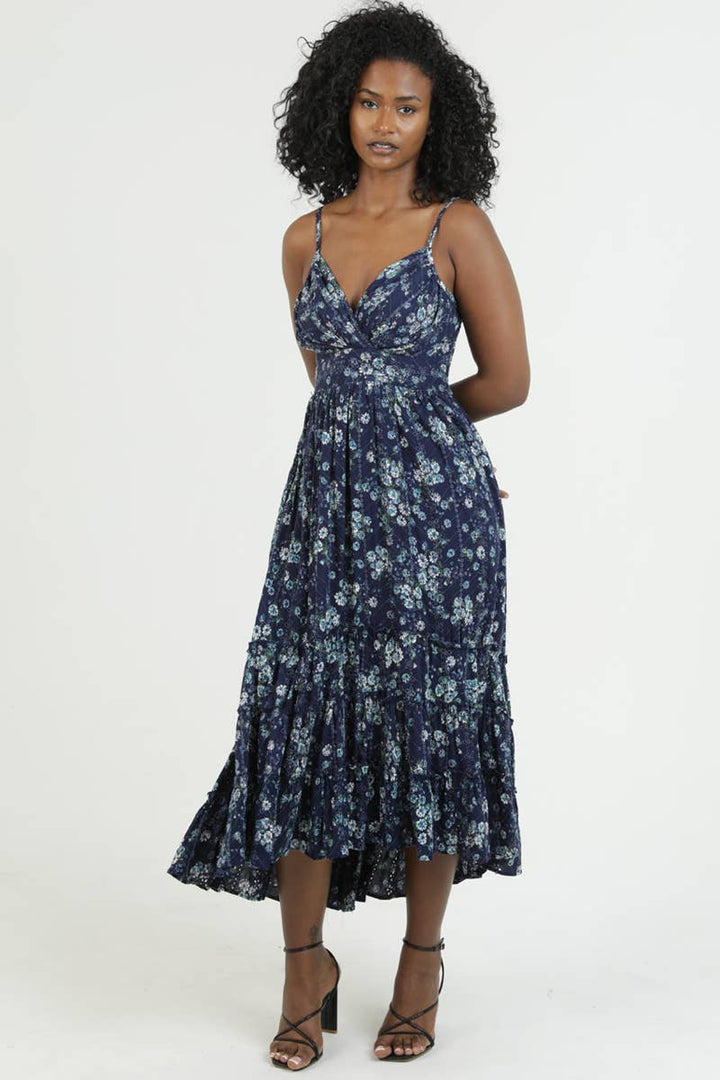 Angie Eyelet Embroidered Printed V-Neck Midi Dress in Navy 3