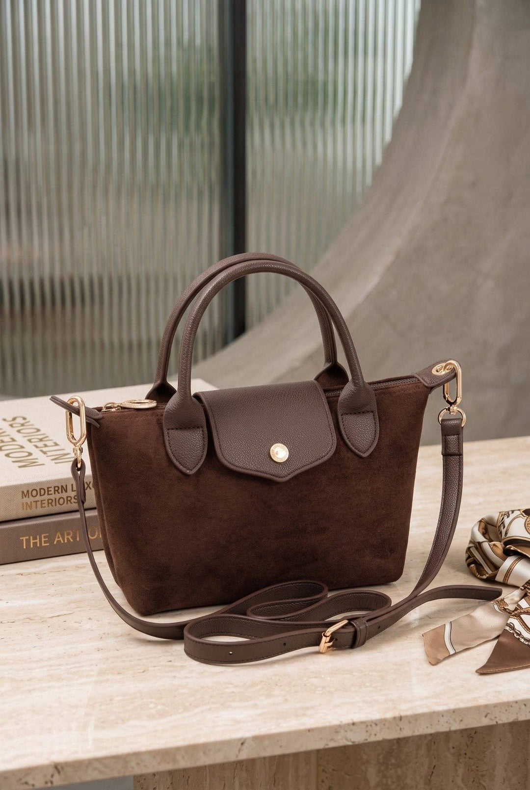 MiMi Wholesale - Britney Suede Double Handle Crossbody Bag chocolate