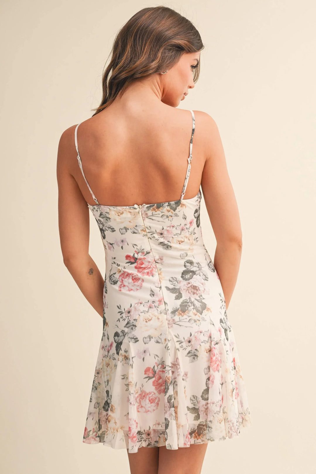 Klesis - Floral Godet Flare Mini Dress Cream 7